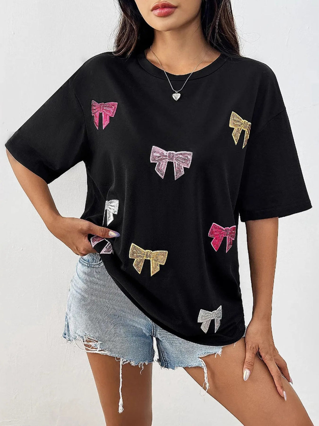 Sequin Bow Round Neck Short Sleeve T-Shirt - Lookzlike