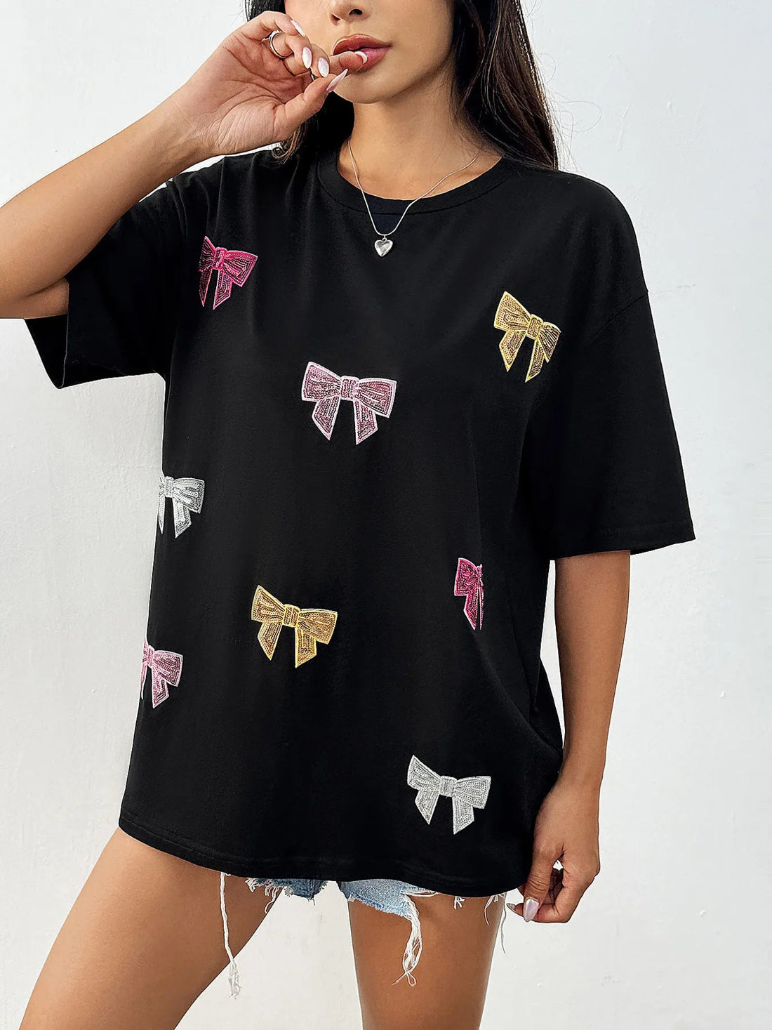 Sequin Bow Round Neck Short Sleeve T-Shirt - Lookzlike