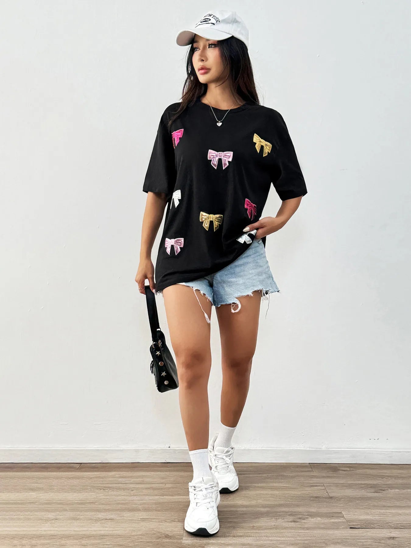 Sequin Bow Round Neck Short Sleeve T-Shirt - Lookzlike