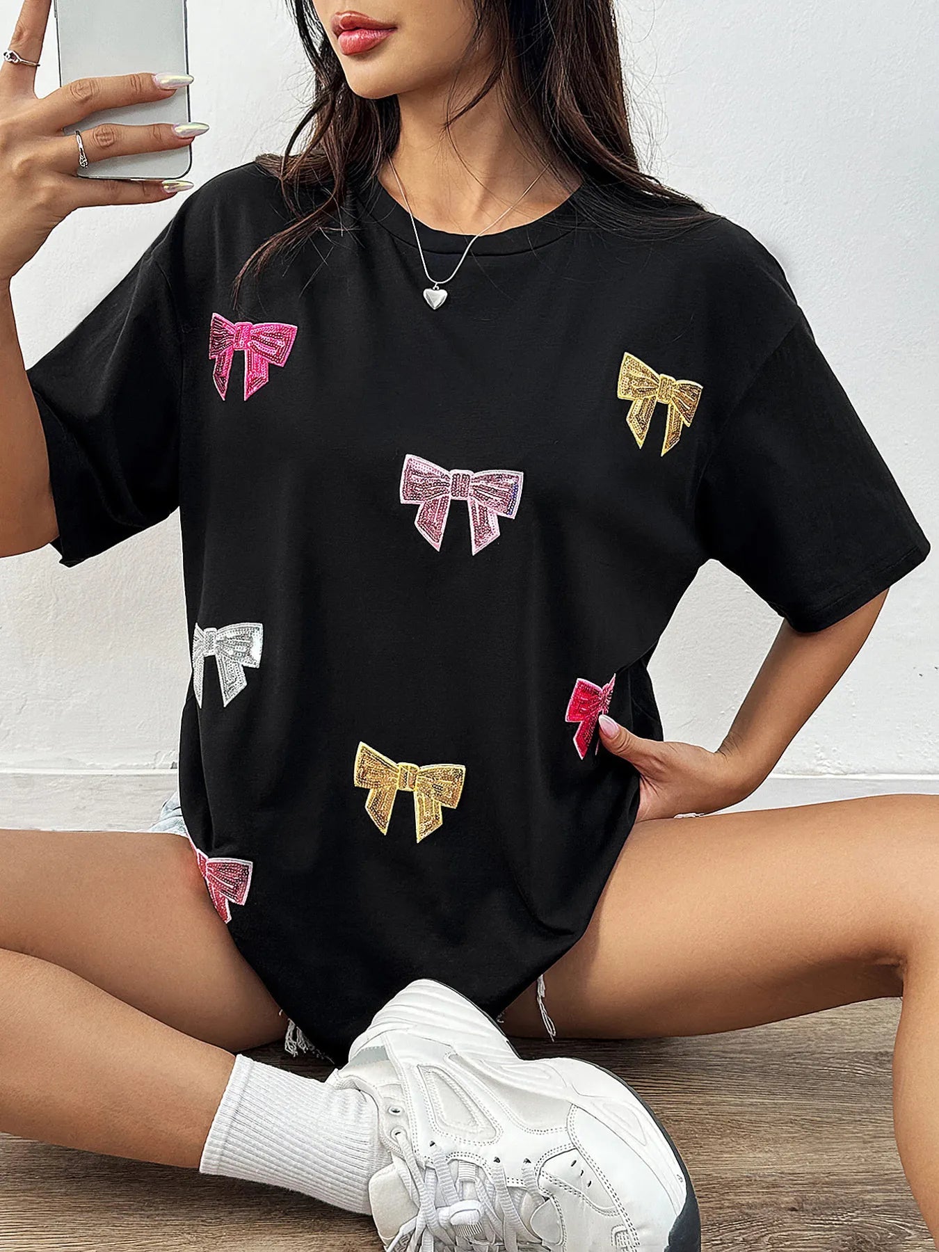 Sequin Bow Round Neck Short Sleeve T-Shirt - Lookzlike