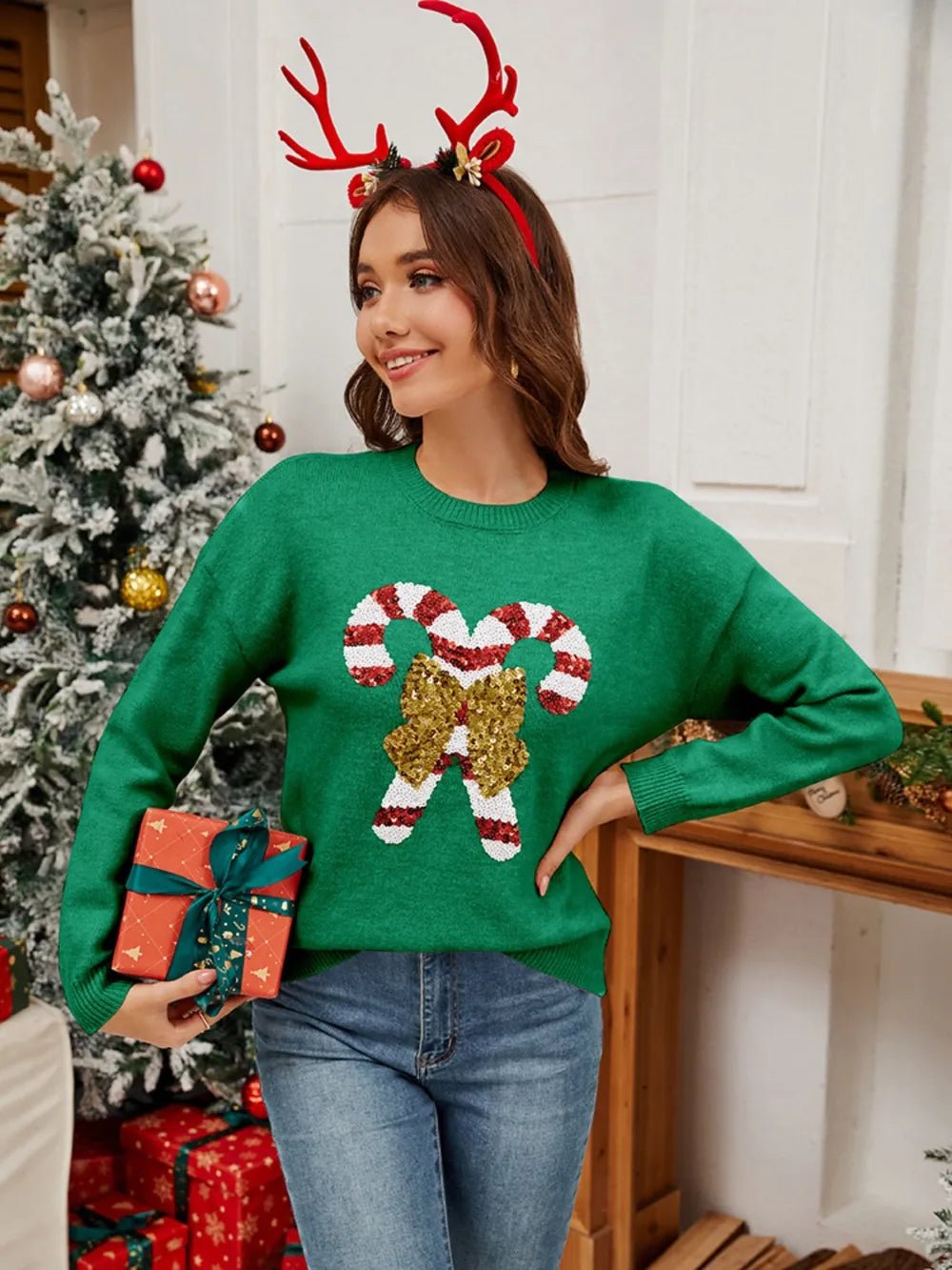 Sequin Candy Cane Round Neck Long Sleeve Sweater designed for comfort and style at Lookzlike