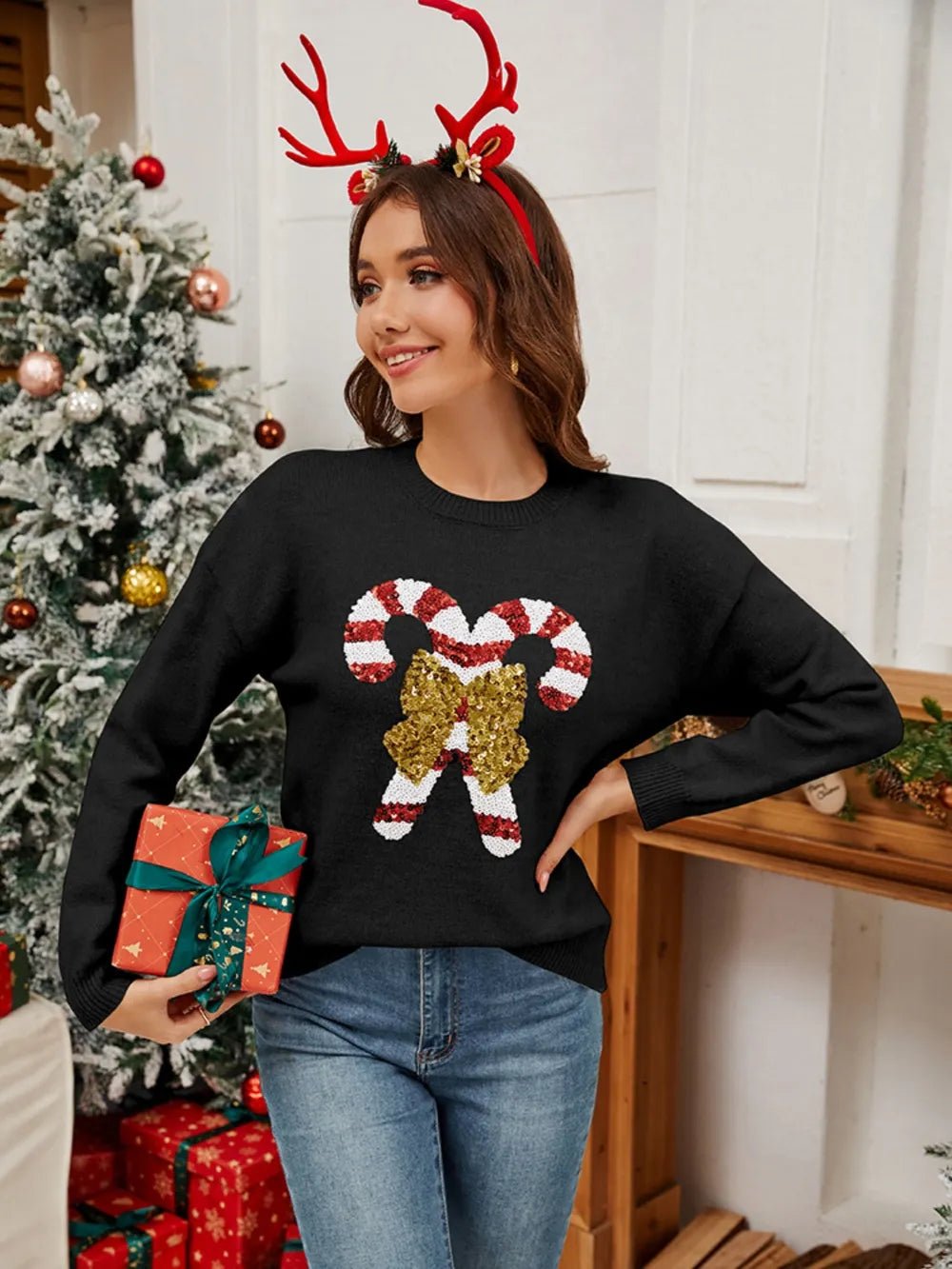 Sequin Candy Cane Round Neck Long Sleeve Sweater designed for comfort and style at Lookzlike