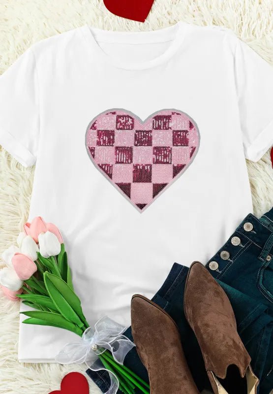 Sequin Checkered Heart Round Neck Short Sleeve T-Shirt designed for comfort and style at Lookzlike