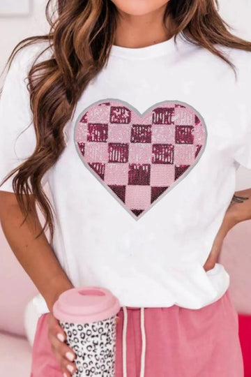 Sequin Checkered Heart Round Neck Short Sleeve T-Shirt designed for comfort and style at Lookzlike