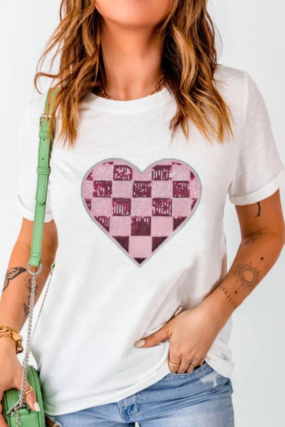 Sequin Checkered Heart Round Neck Short Sleeve T-Shirt designed for comfort and style at Lookzlike