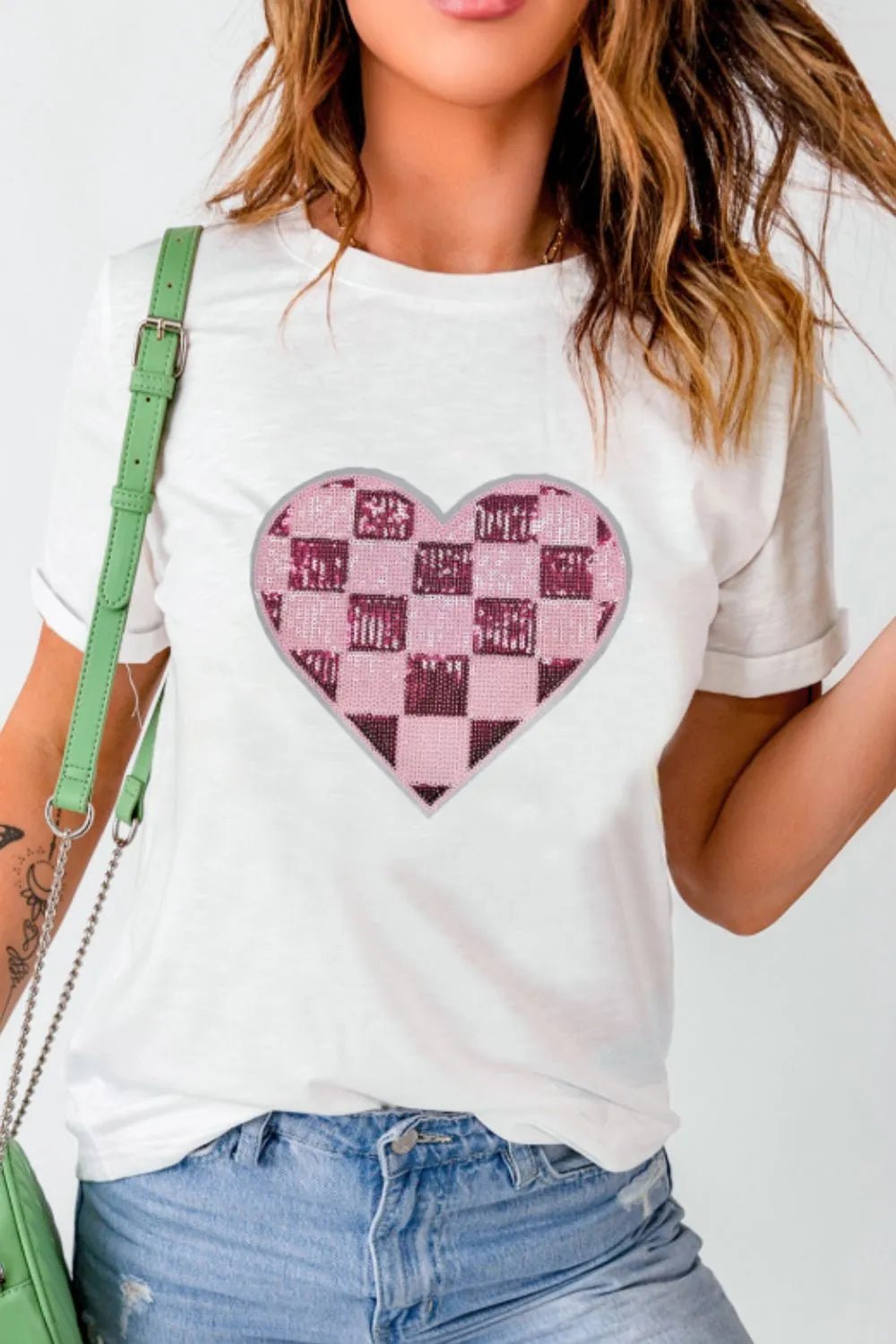 Sequin Checkered Heart Round Neck Short Sleeve T-Shirt designed for comfort and style at Lookzlike