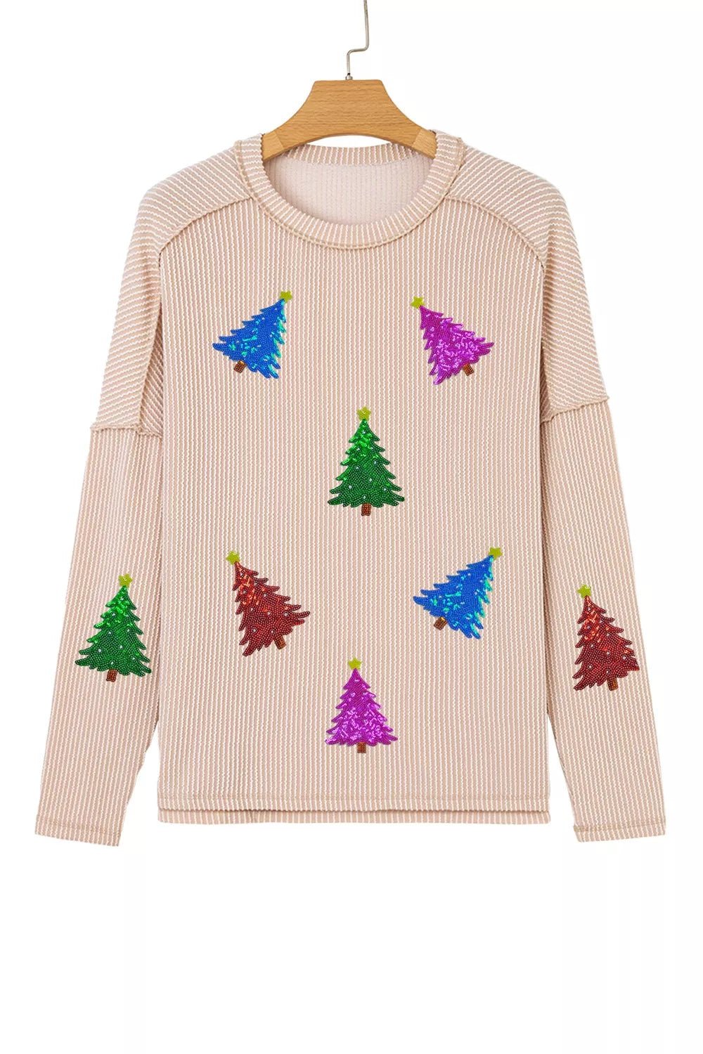 Sequin Christmas Tree Exposed Seam Drop Shoulder Ribbed Long Sleeve Top designed for comfort and style at Lookzlike
