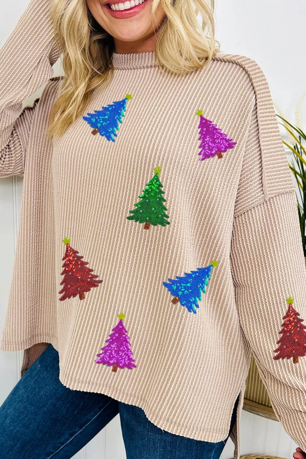 Sequin Christmas Tree Exposed Seam Drop Shoulder Ribbed Long Sleeve Top designed for comfort and style at Lookzlike