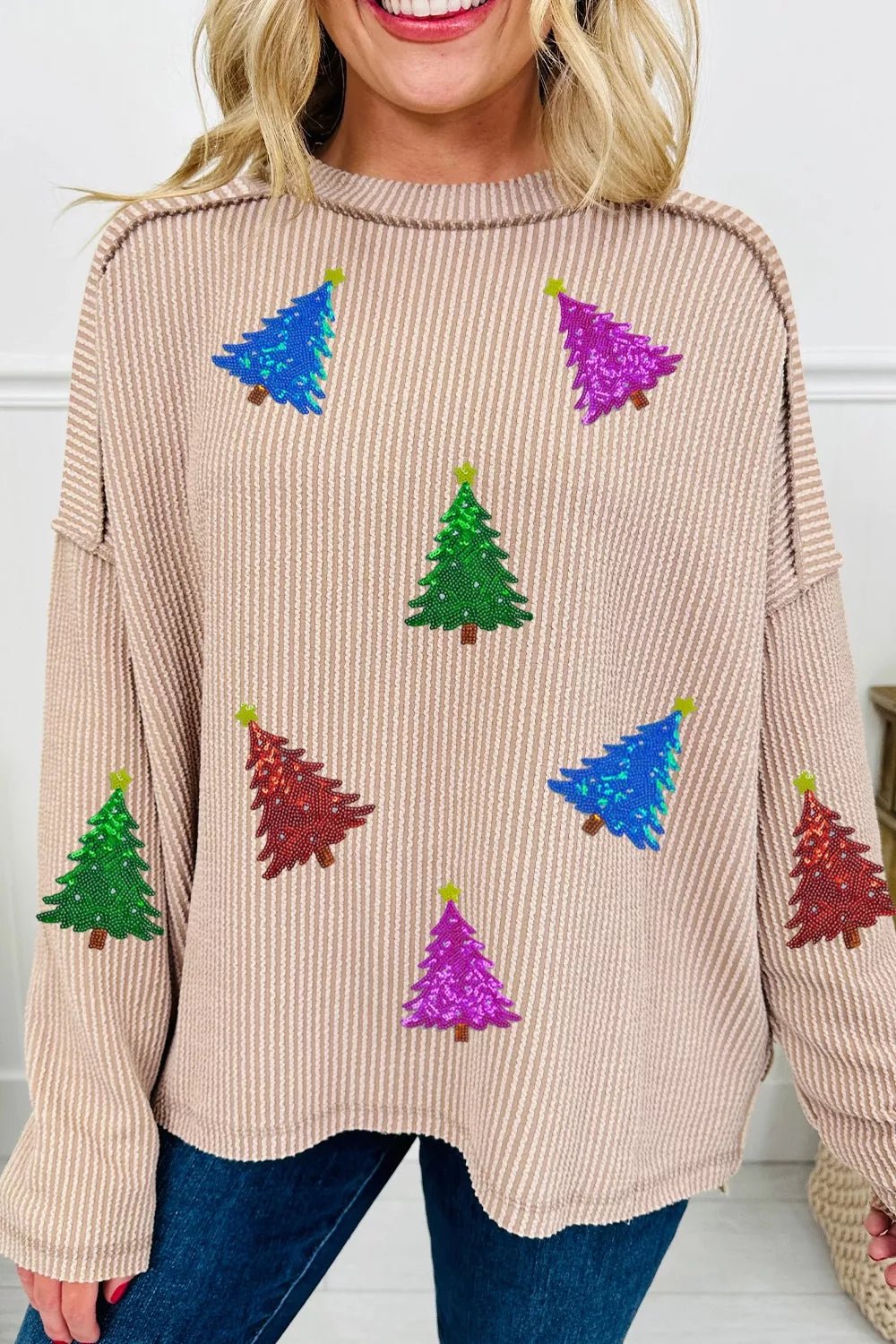 Sequin Christmas Tree Exposed Seam Drop Shoulder Ribbed Long Sleeve Top designed for comfort and style at Lookzlike