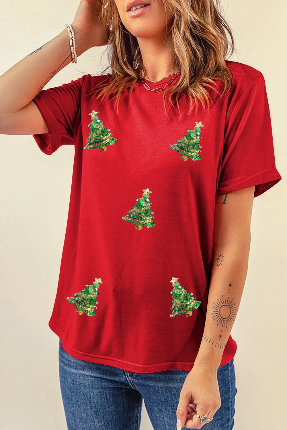 Sequin Christmas Tree Round Neck Short Sleeve T-Shirt designed for comfort and style at Lookzlike