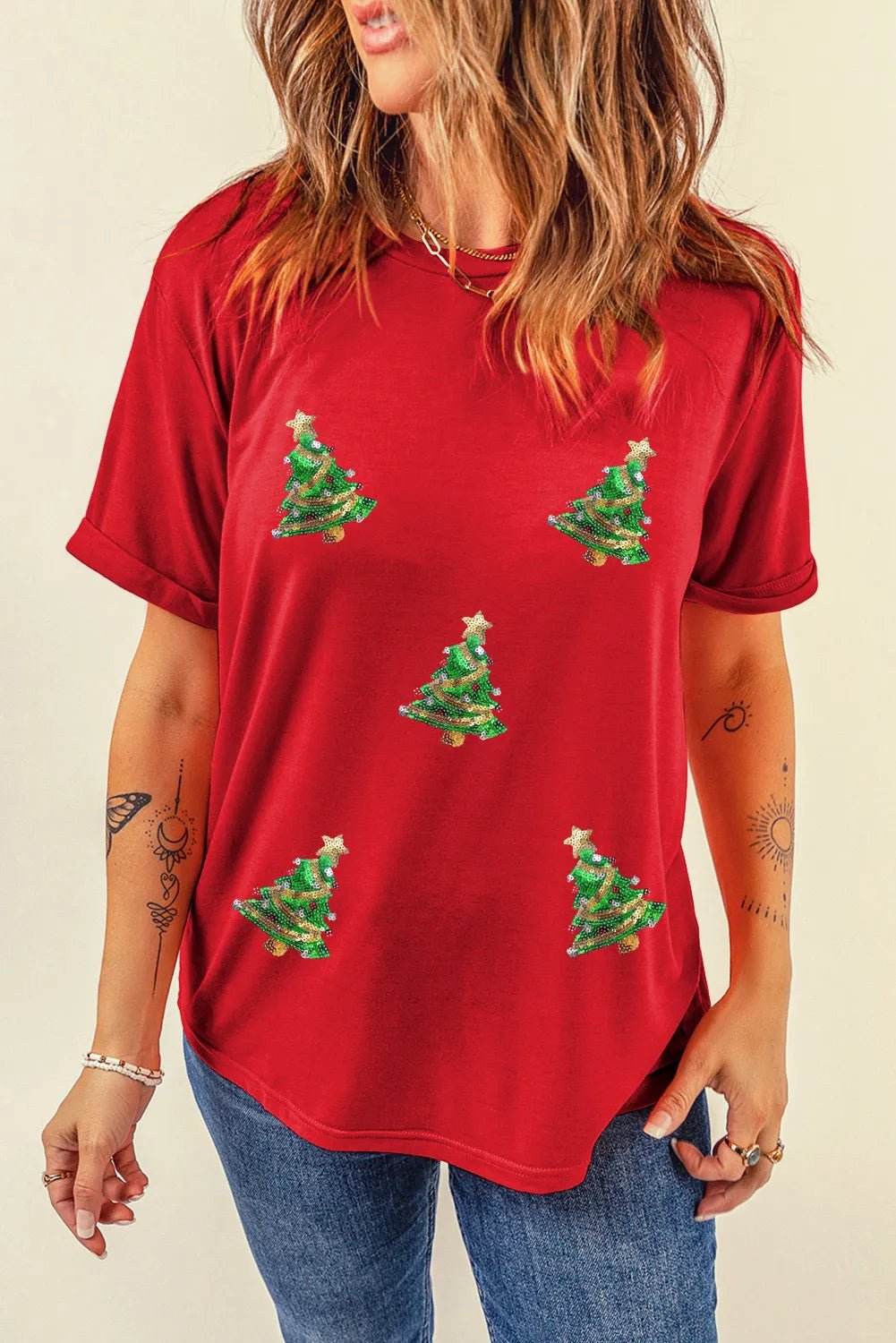 Sequin Christmas Tree Round Neck Short Sleeve T-Shirt designed for comfort and style at Lookzlike