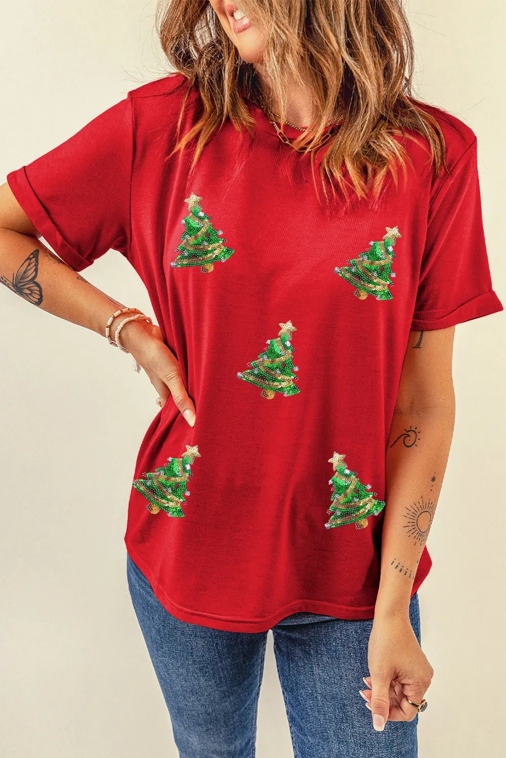 Sequin Christmas Tree Round Neck Short Sleeve T-Shirt designed for comfort and style at Lookzlike