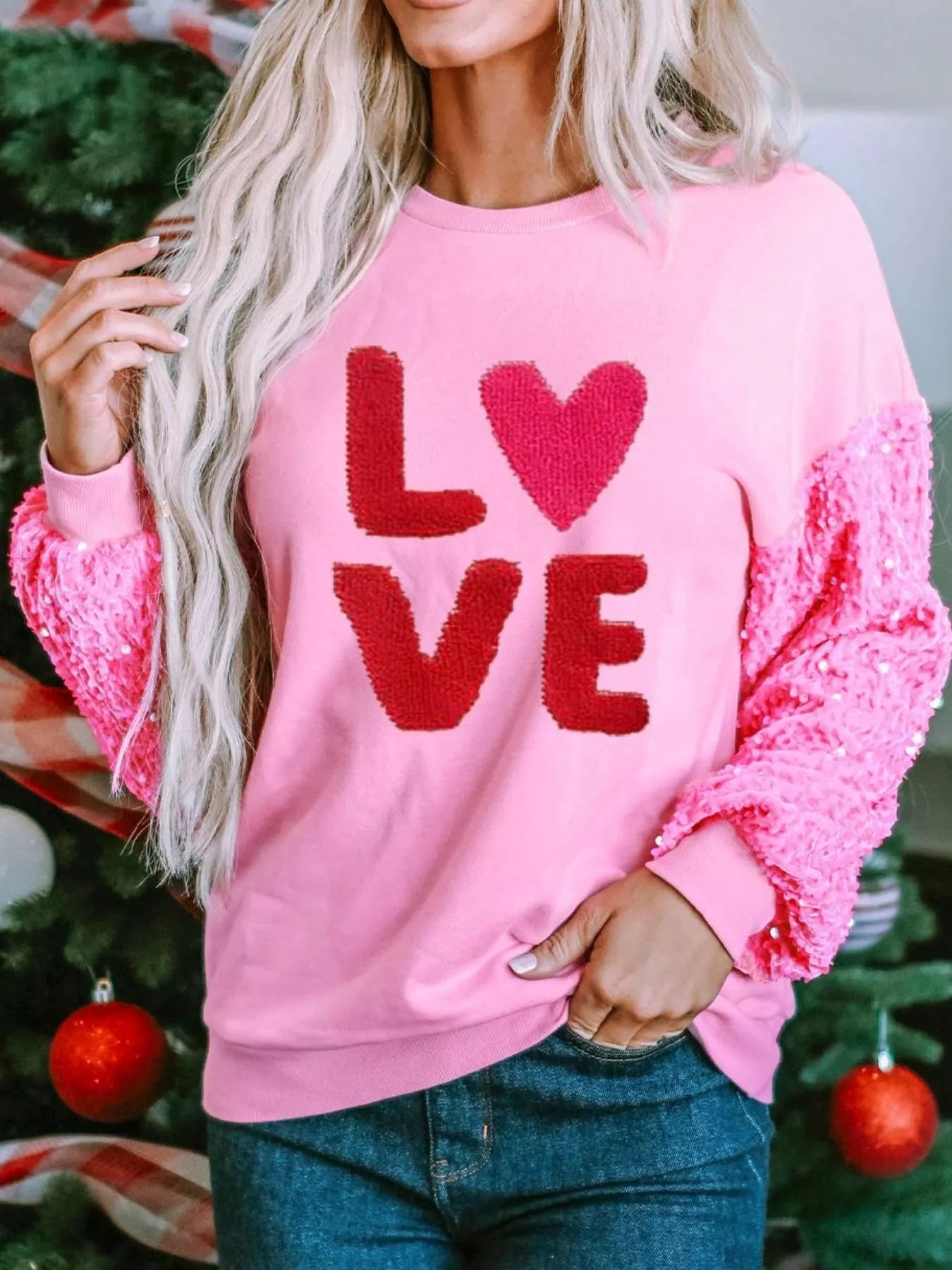 Sequin Round Neck Long Sleeve Sweatshirt designed for comfort and style at Lookzlike