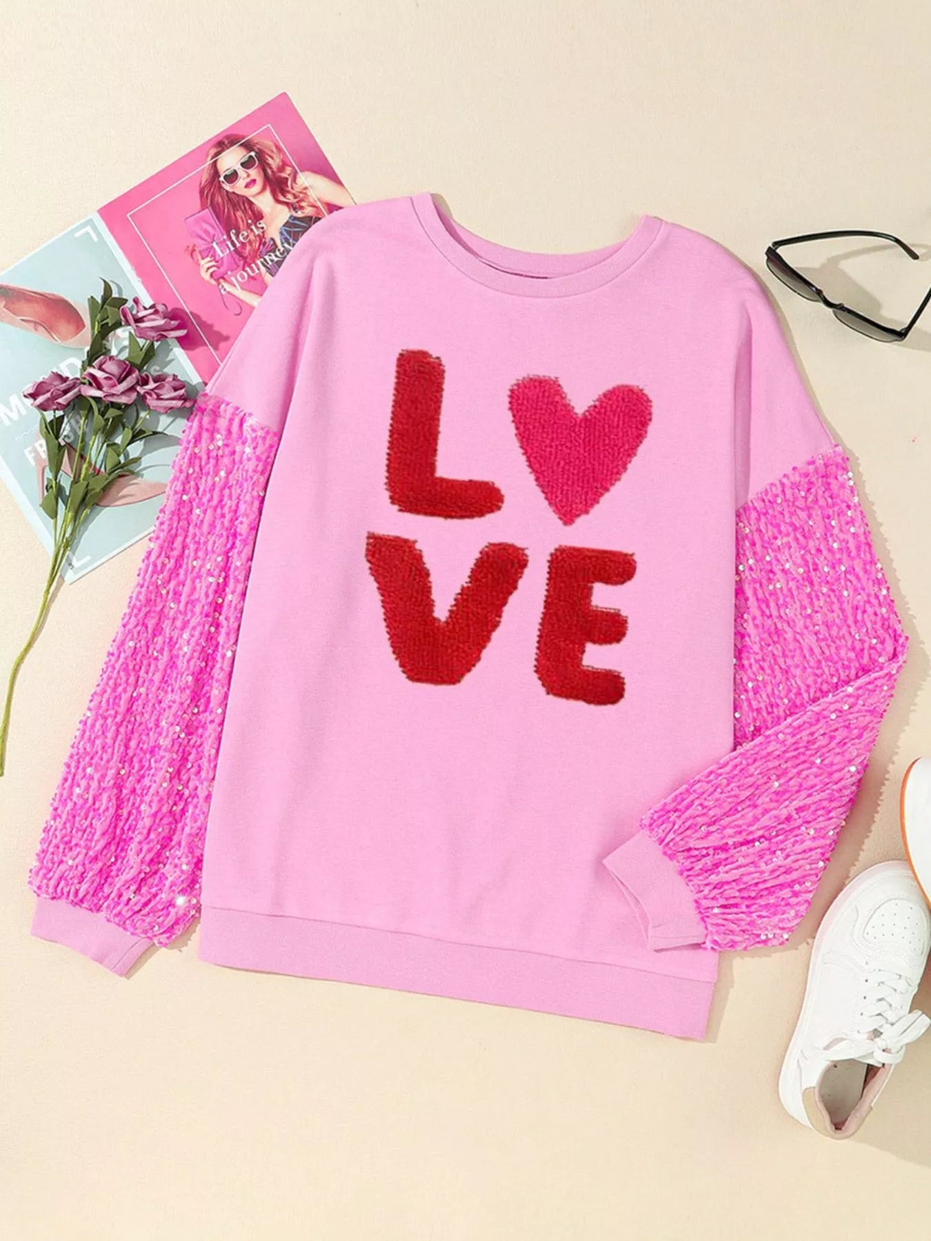 Sequin Round Neck Long Sleeve Sweatshirt designed for comfort and style at Lookzlike