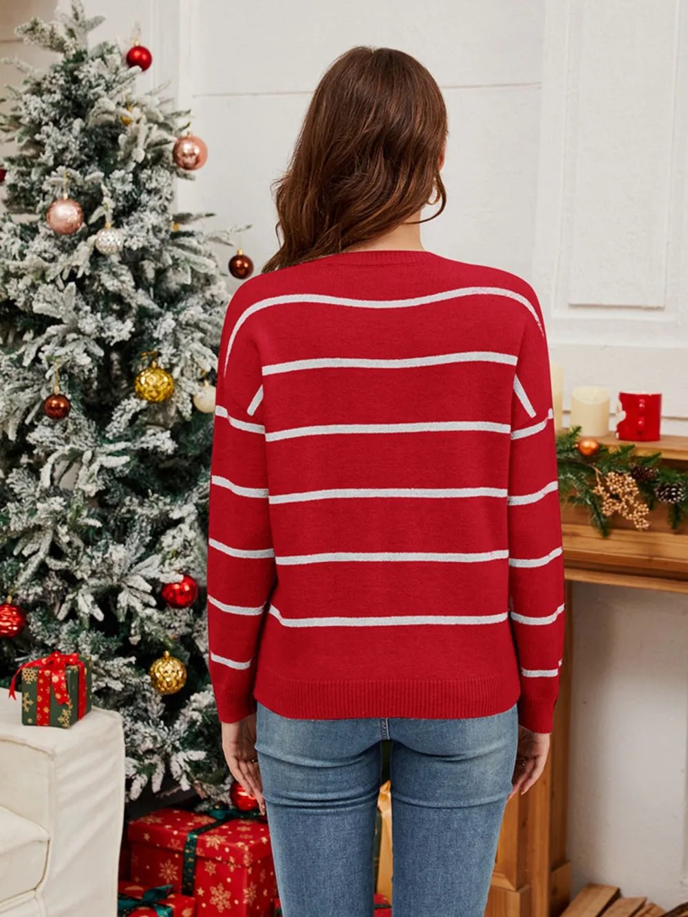 Sequin Santa Striped Round Neck Long Sleeve Sweater designed for comfort and style at Lookzlike