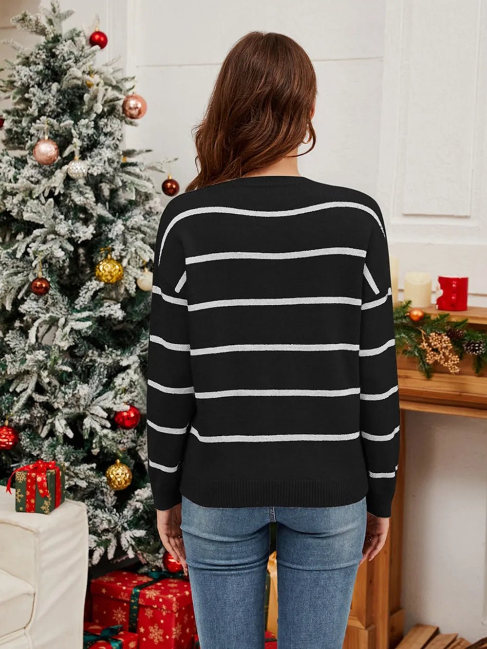 Sequin Santa Striped Round Neck Long Sleeve Sweater designed for comfort and style at Lookzlike