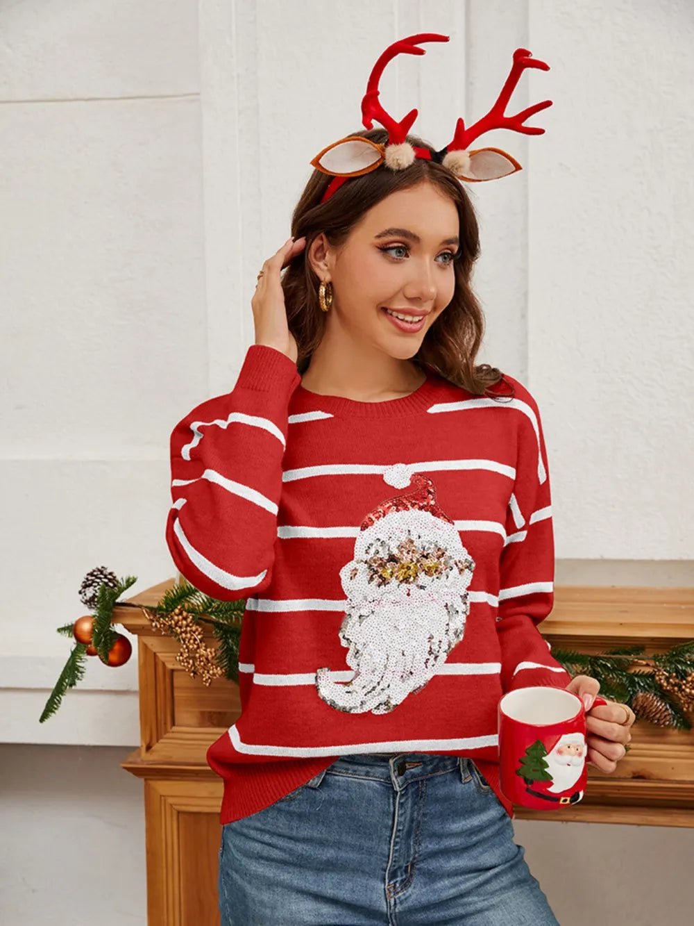 Sequin Santa Striped Round Neck Long Sleeve Sweater designed for comfort and style at Lookzlike