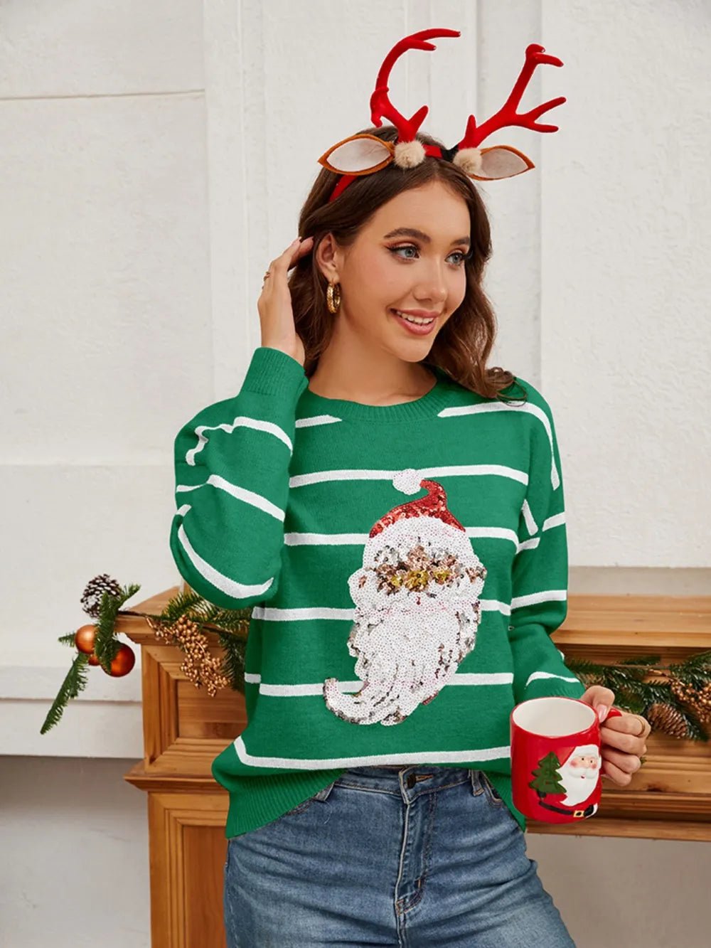 Sequin Santa Striped Round Neck Long Sleeve Sweater designed for comfort and style at Lookzlike