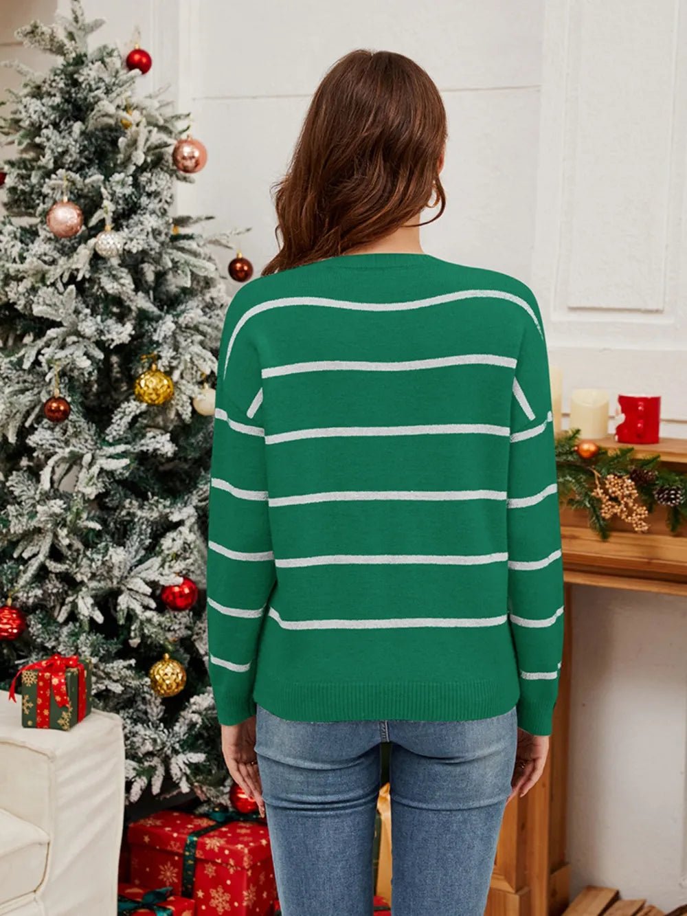 Sequin Santa Striped Round Neck Long Sleeve Sweater designed for comfort and style at Lookzlike