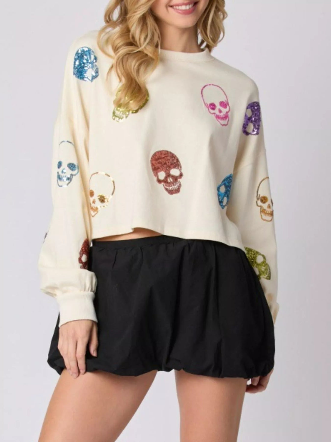 Sequin Skull Long Sleeve Sweatshirt designed for comfort and style at Lookzlike