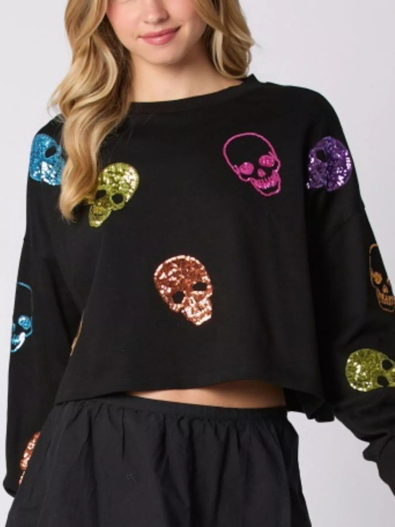 Sequin Skull Long Sleeve Sweatshirt designed for comfort and style at Lookzlike