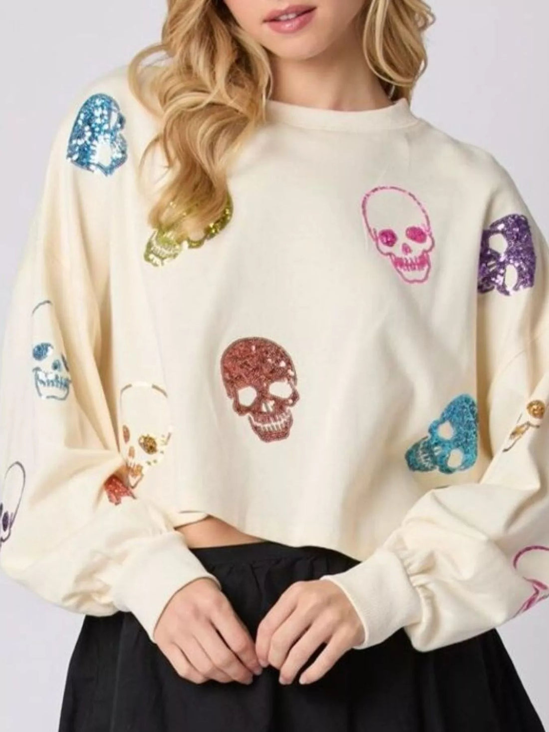 Sequin Skull Long Sleeve Sweatshirt designed for comfort and style at Lookzlike