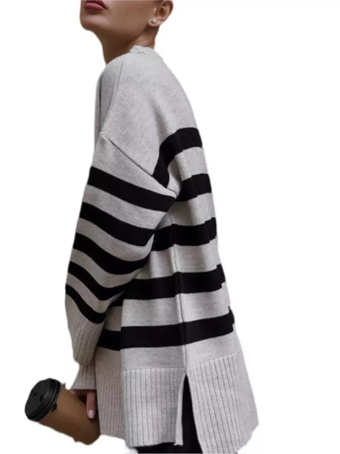 Side Slit Striped Oversized Knit Sweater designed for comfort and style at Lookzlike