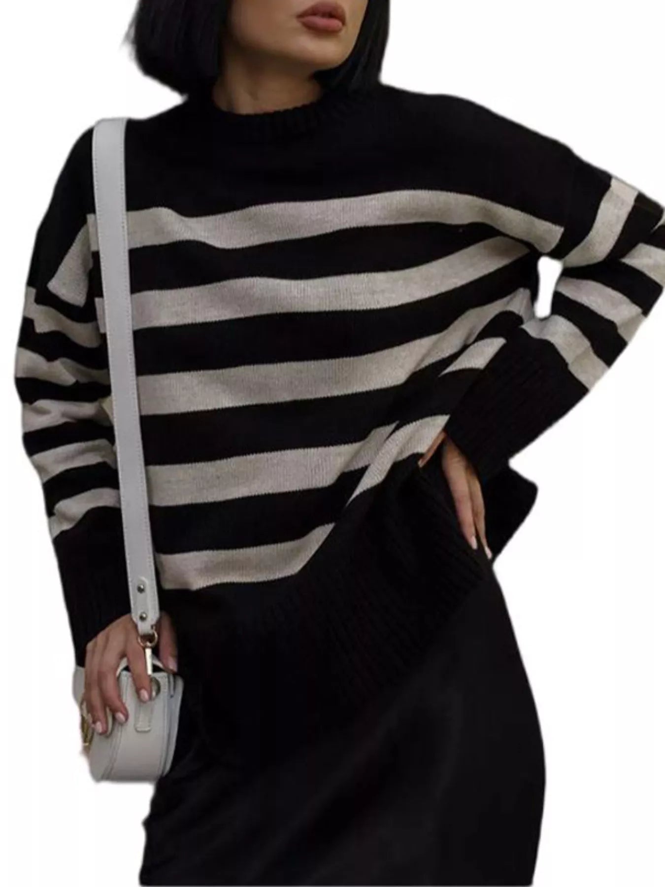 Side Slit Striped Oversized Knit Sweater designed for comfort and style at Lookzlike