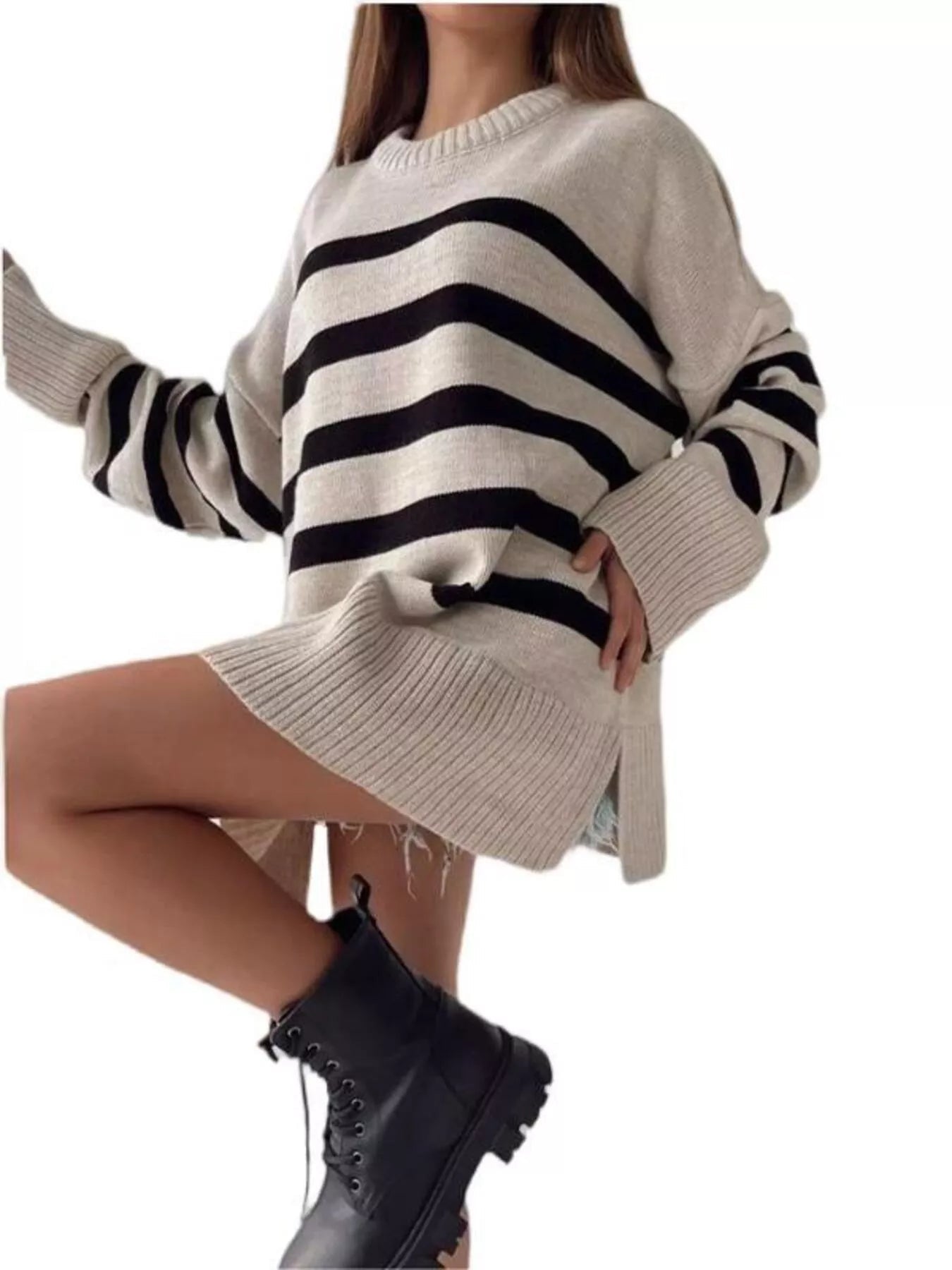 Side Slit Striped Oversized Knit Sweater designed for comfort and style at Lookzlike