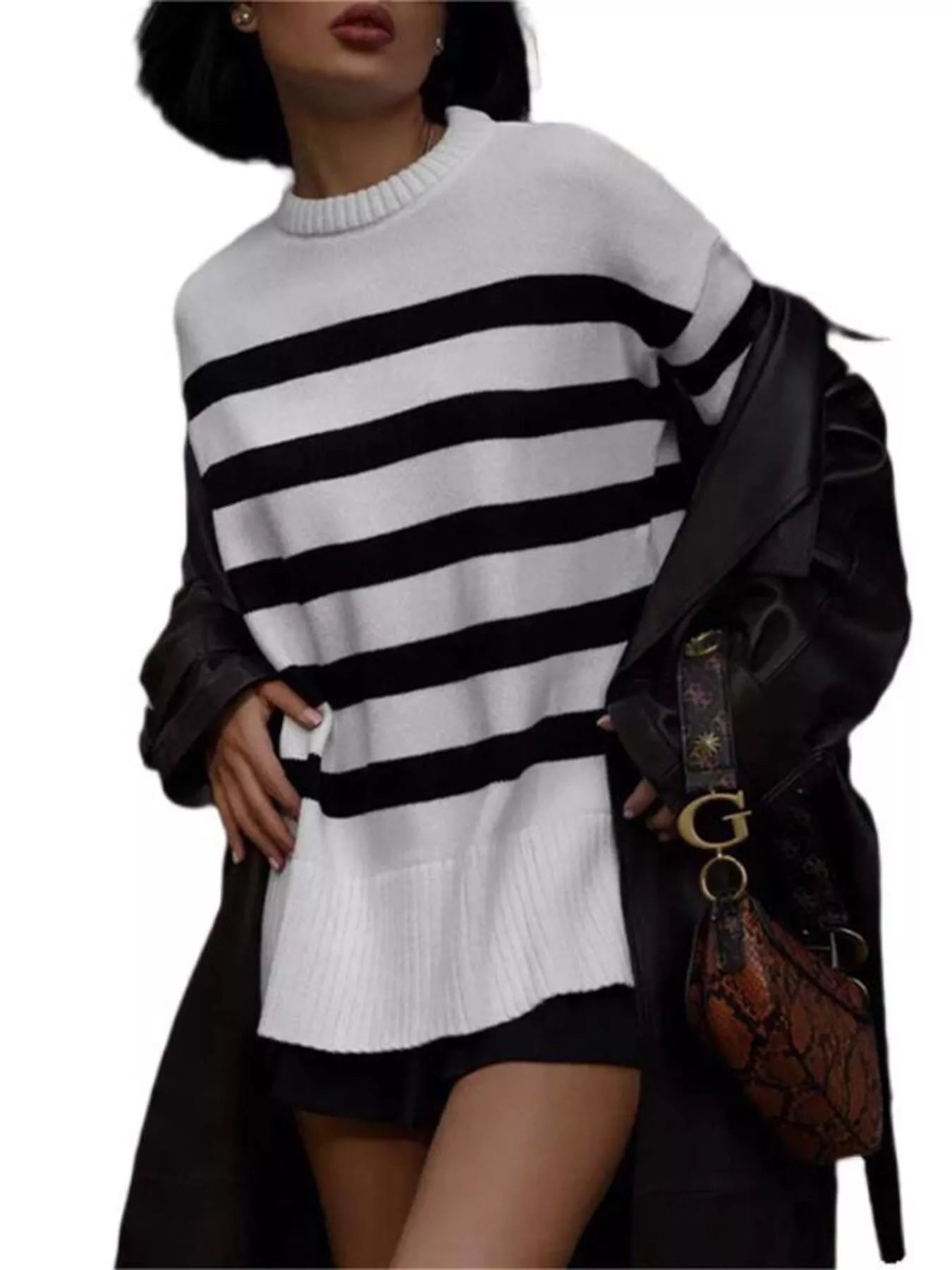 Side Slit Striped Oversized Knit Sweater designed for comfort and style at Lookzlike