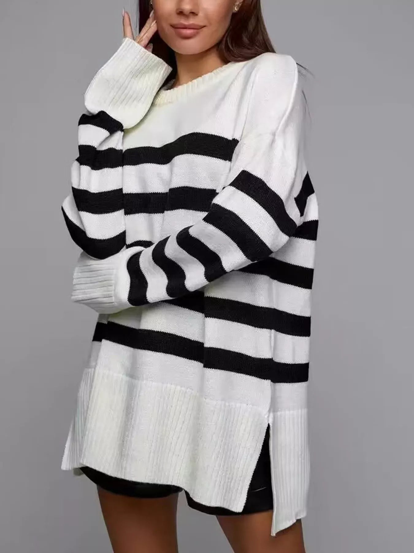 Side Slit Striped Oversized Knit Sweater designed for comfort and style at Lookzlike