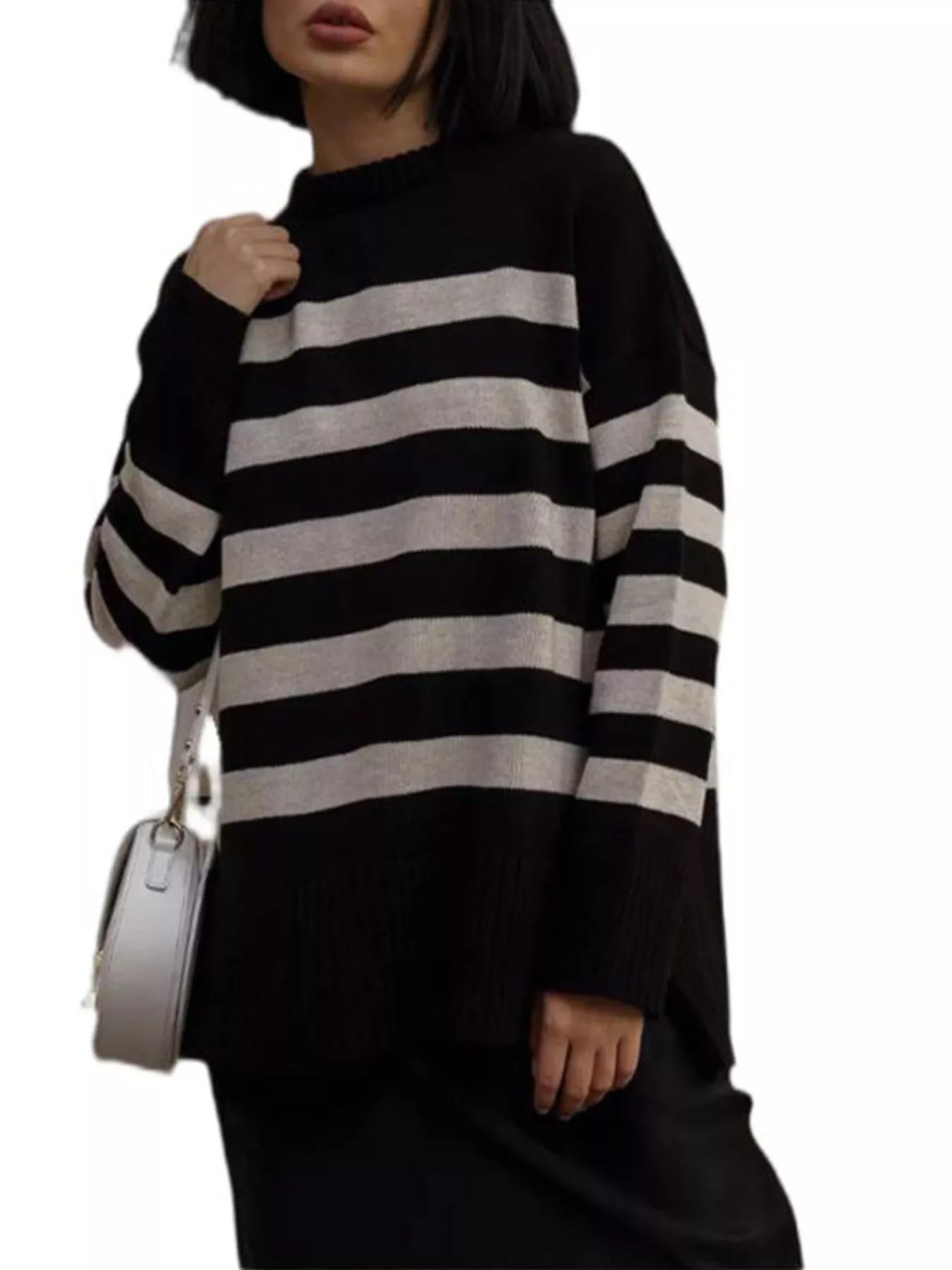 Side Slit Striped Oversized Knit Sweater designed for comfort and style at Lookzlike