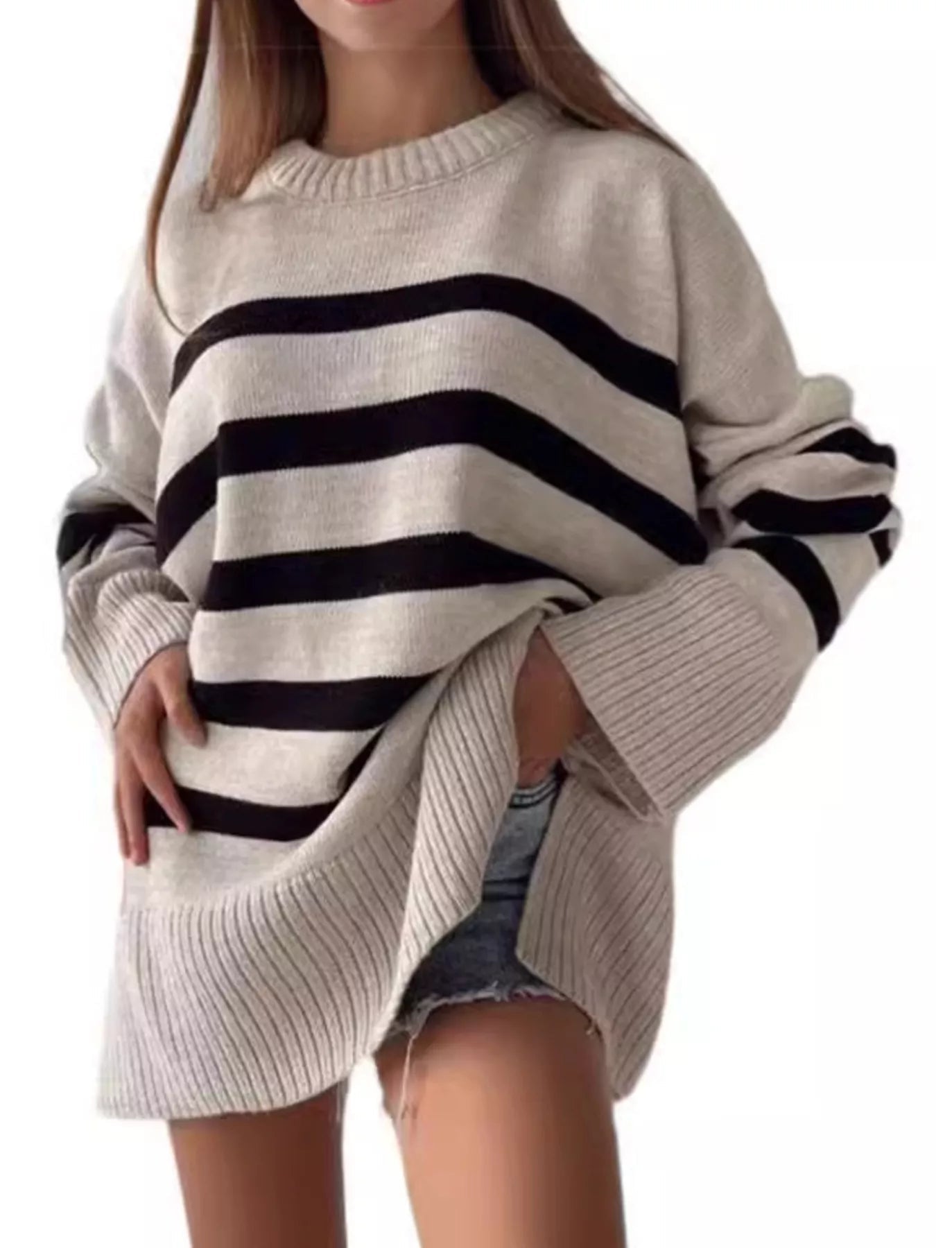 Side Slit Striped Oversized Knit Sweater designed for comfort and style at Lookzlike