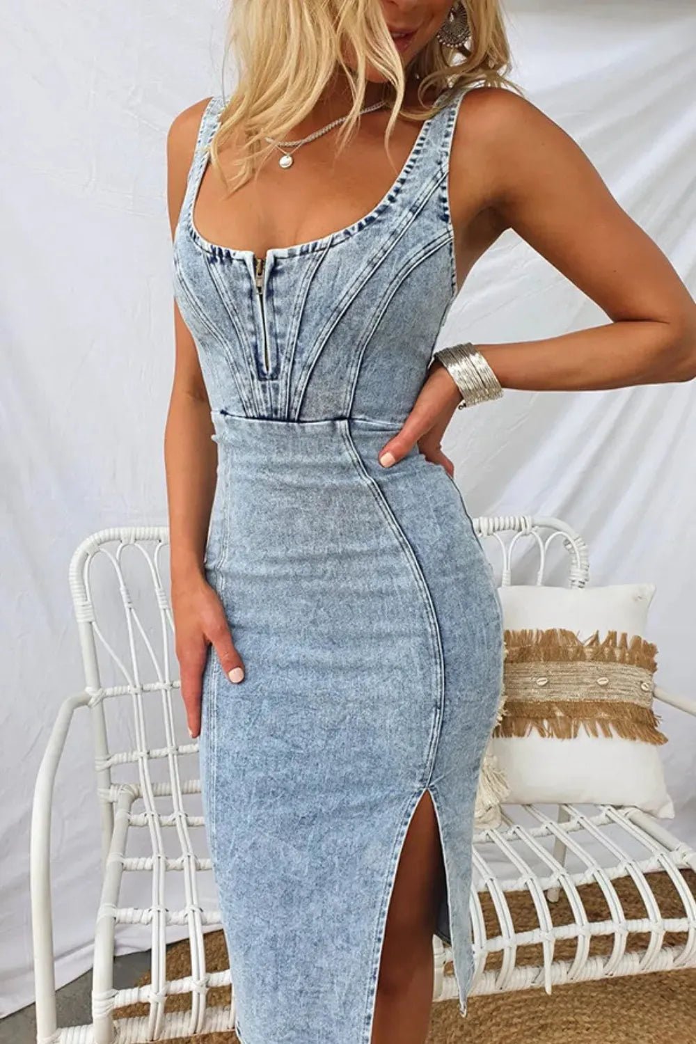 Side Slit Washed Scoop Neck Denim Dress - Lookzlike