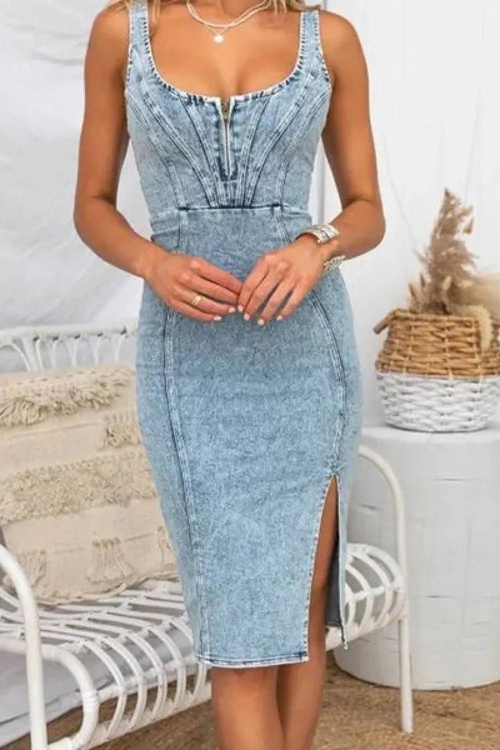 Side Slit Washed Scoop Neck Denim Dress - Lookzlike