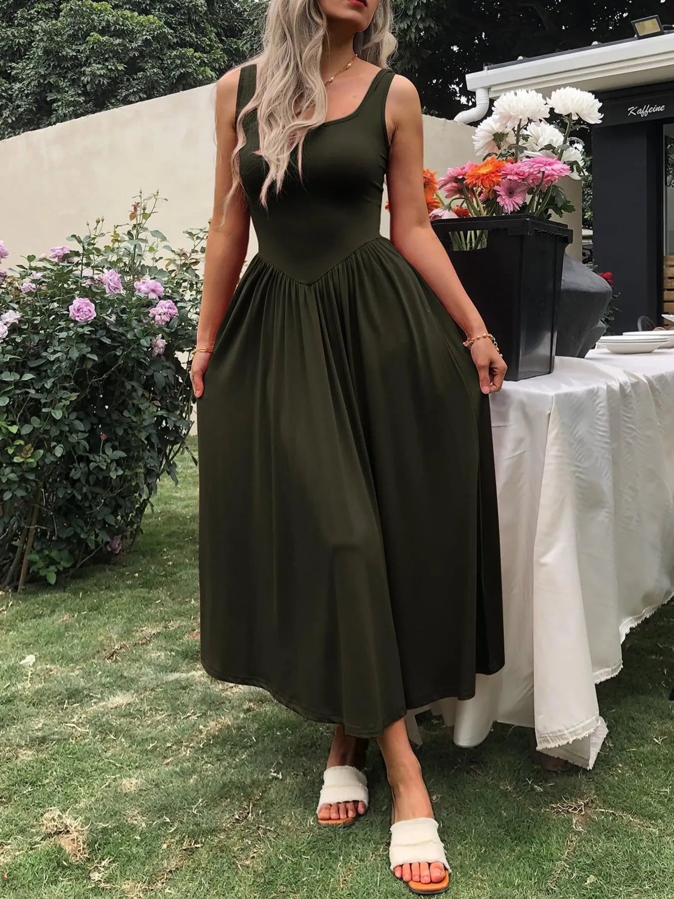 Sleeveless Midi Dress with Gathered Waist designed for comfort and style at Lookzlike