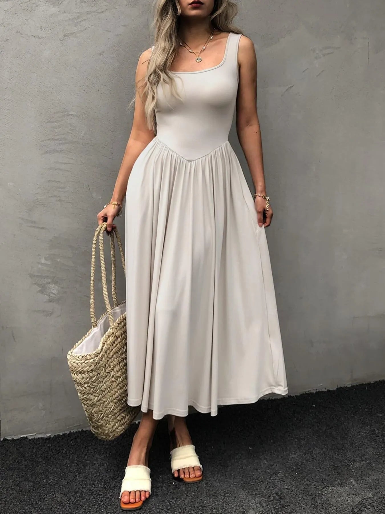 Sleeveless Midi Dress with Gathered Waist designed for comfort and style at Lookzlike
