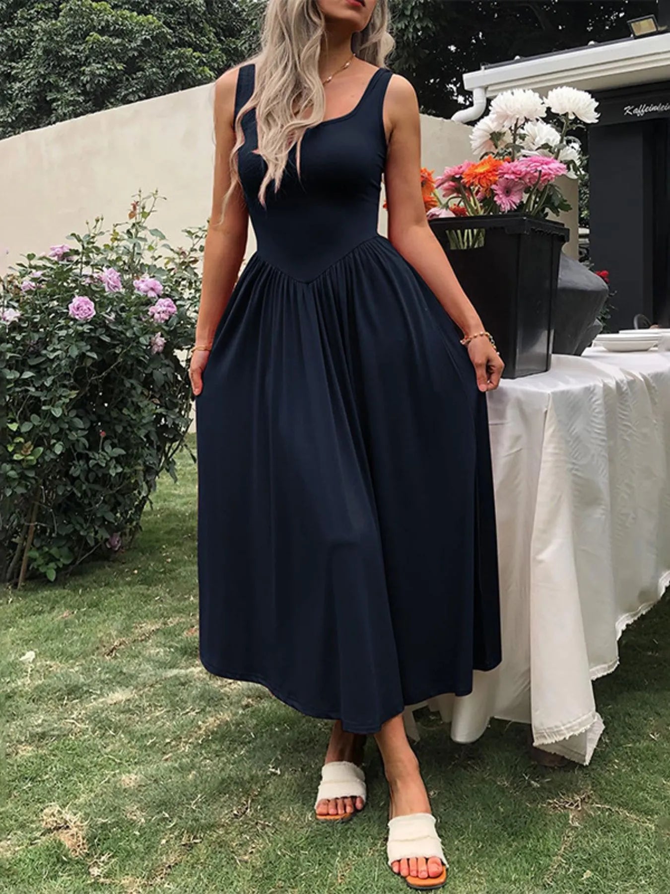 Sleeveless Midi Dress with Gathered Waist designed for comfort and style at Lookzlike
