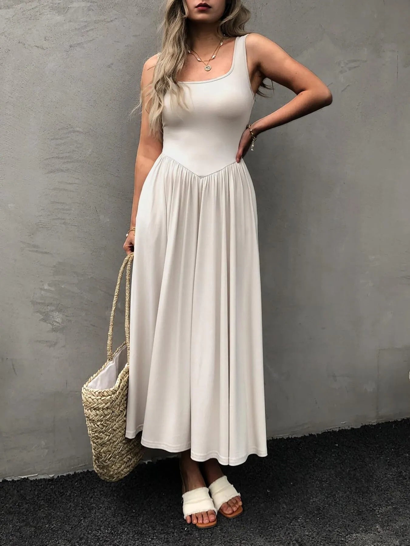 Sleeveless Midi Dress with Gathered Waist designed for comfort and style at Lookzlike