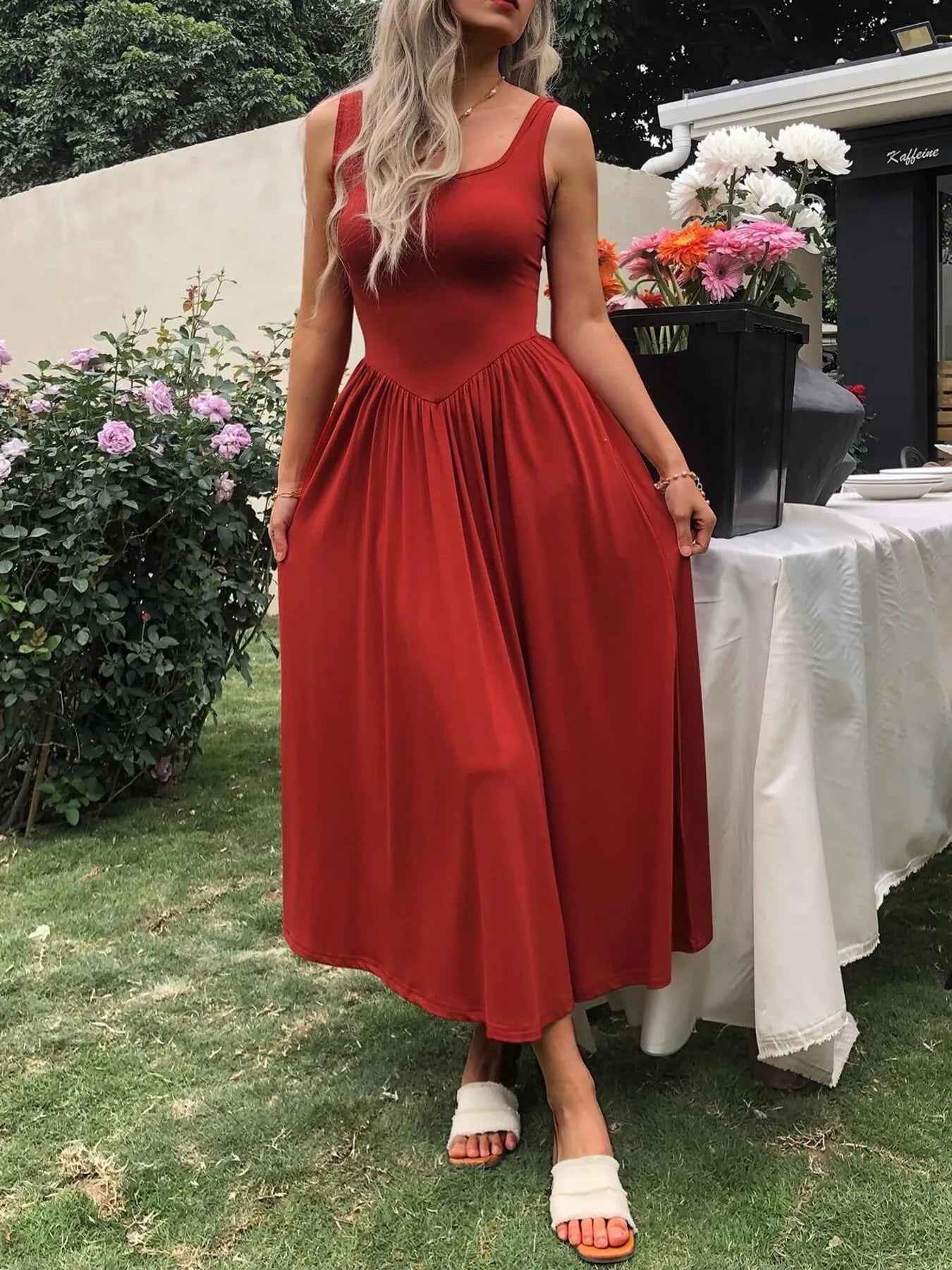 Sleeveless Midi Dress with Gathered Waist designed for comfort and style at Lookzlike