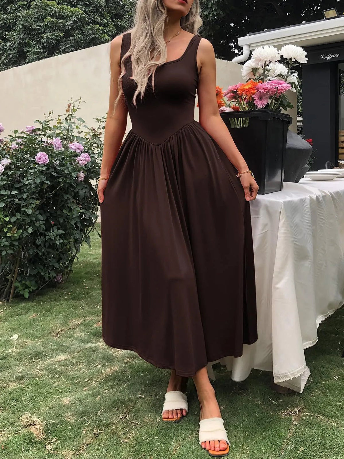 Sleeveless Midi Dress with Gathered Waist designed for comfort and style at Lookzlike