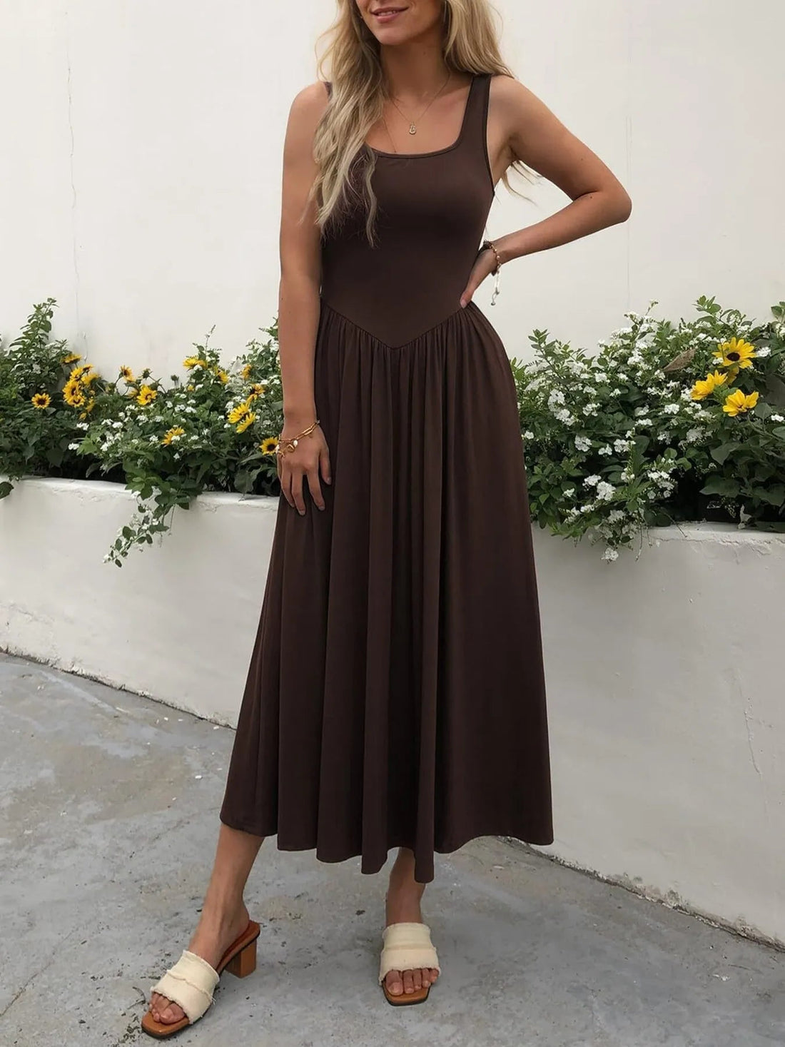 Sleeveless Midi Dress with Gathered Waist designed for comfort and style at Lookzlike