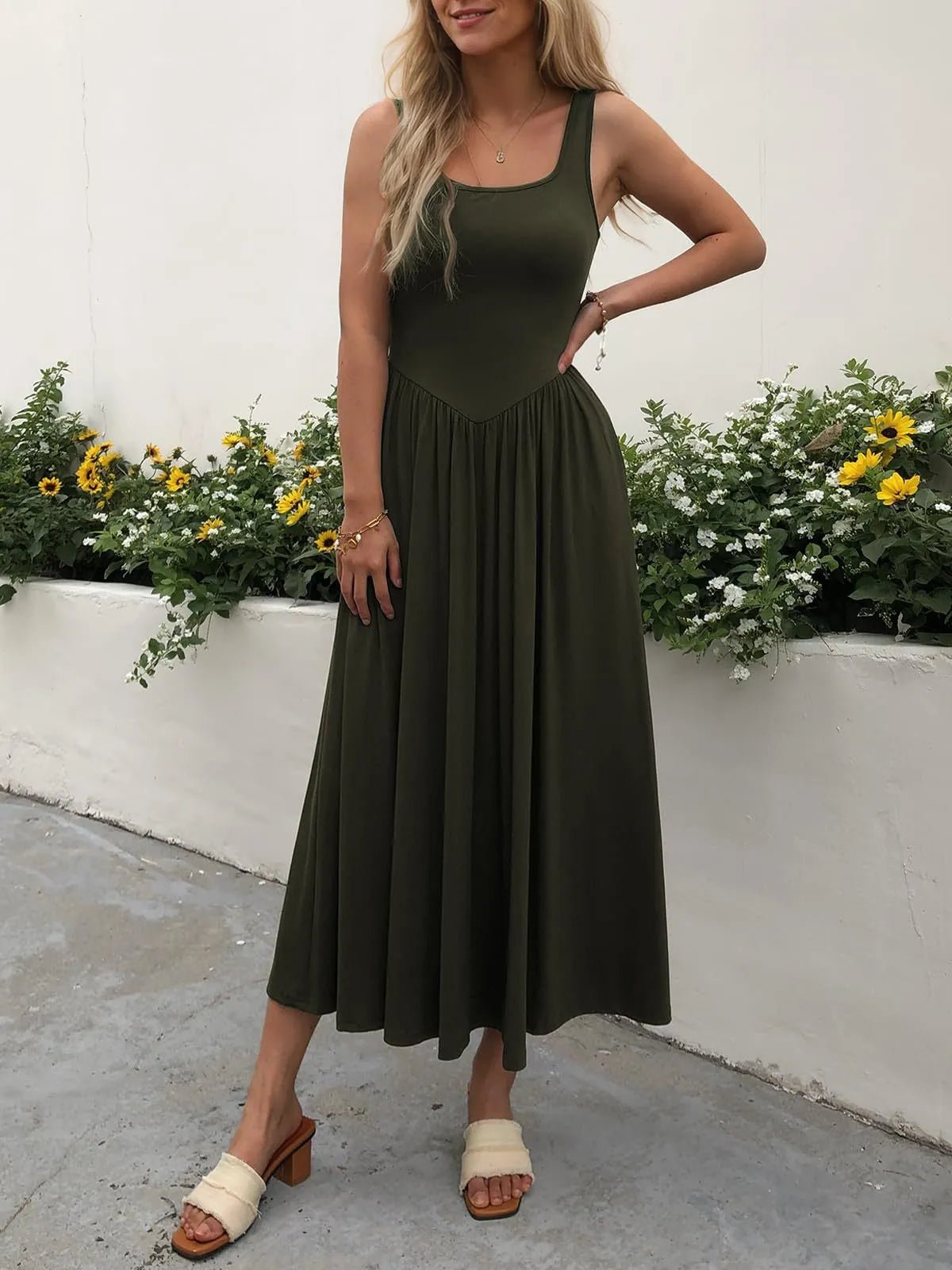 Sleeveless Midi Dress with Gathered Waist designed for comfort and style at Lookzlike