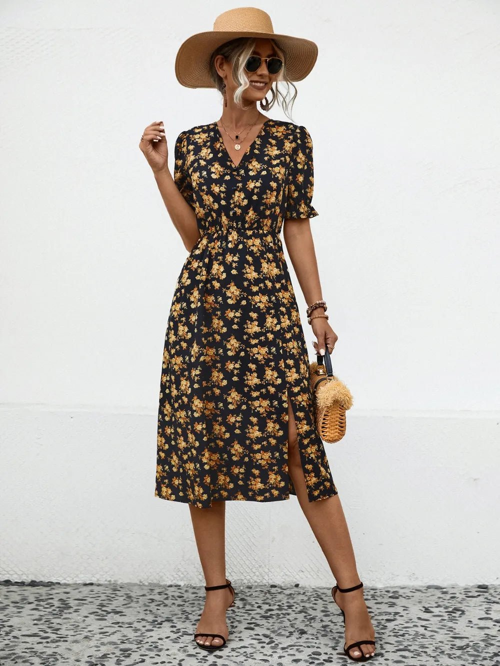 Slit Printed V - Neck Short Sleeve Dress designed for comfort and style at Lookzlike