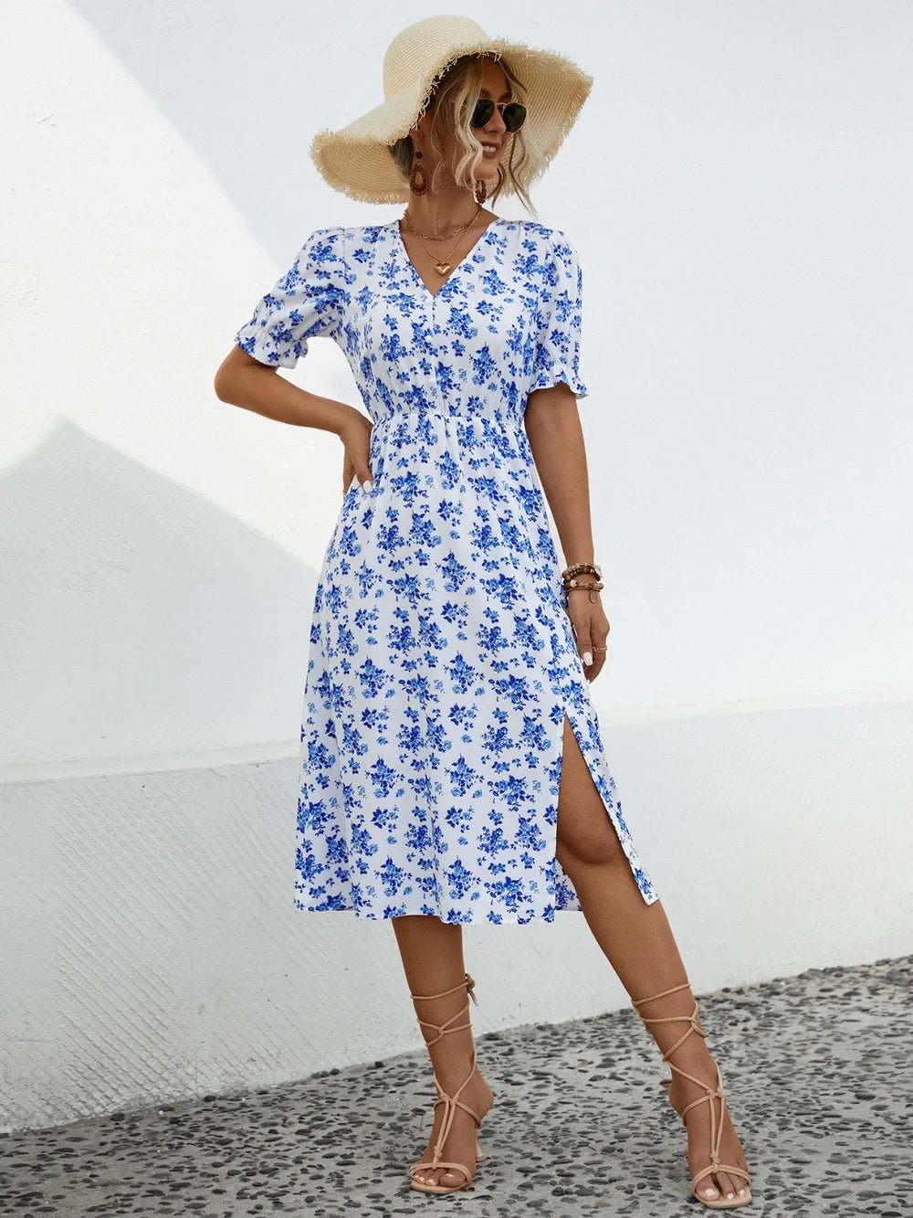 Slit Printed V - Neck Short Sleeve Dress designed for comfort and style at Lookzlike