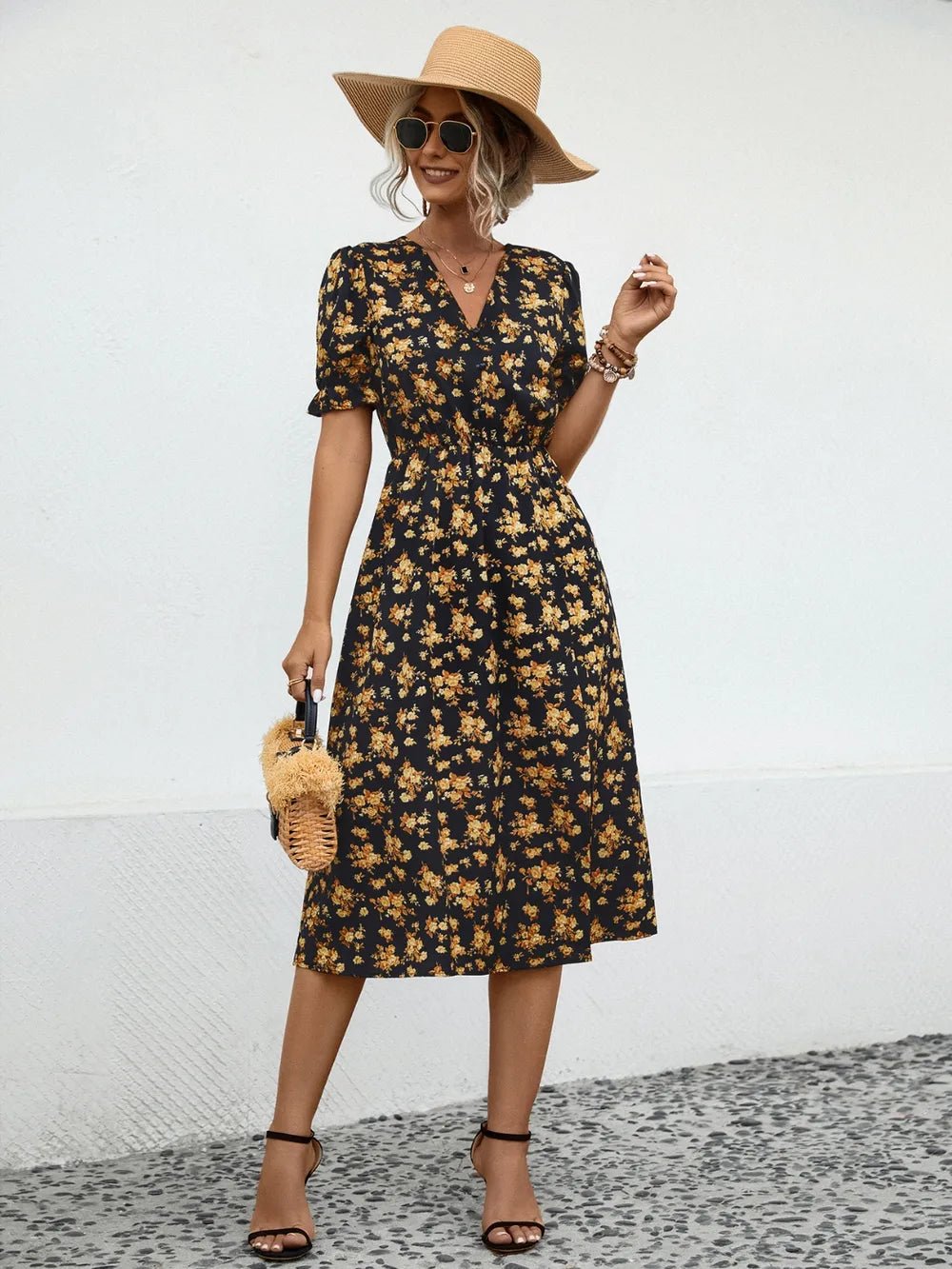 Slit Printed V - Neck Short Sleeve Dress designed for comfort and style at Lookzlike