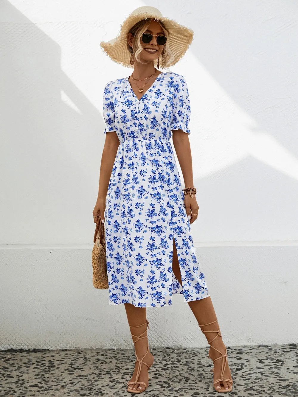 Slit Printed V - Neck Short Sleeve Dress designed for comfort and style at Lookzlike
