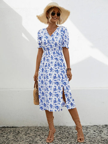 Slit Printed V - Neck Short Sleeve Dress designed for comfort and style at Lookzlike