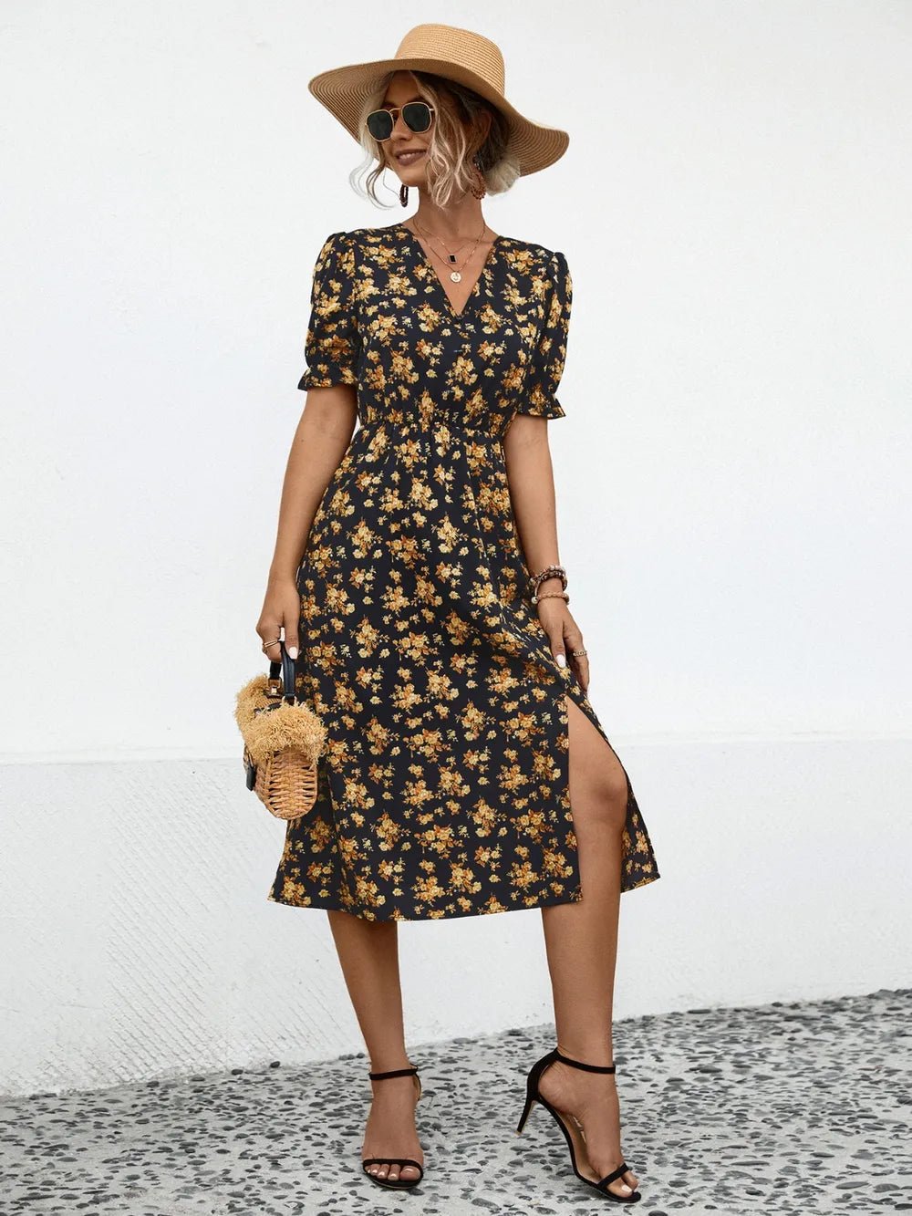 Slit Printed V - Neck Short Sleeve Dress designed for comfort and style at Lookzlike