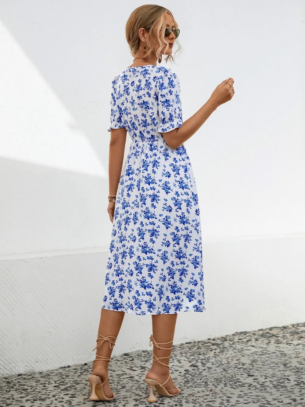 Slit Printed V - Neck Short Sleeve Dress designed for comfort and style at Lookzlike